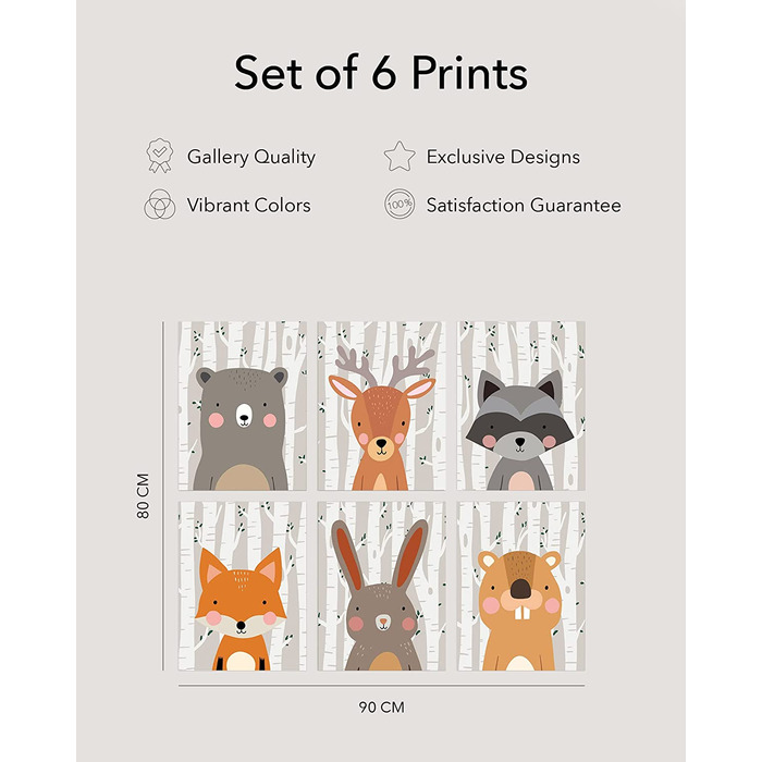 Набір з 6 дитячих постерів Hambient для кімнати дитини: тварини лісу (30x40 см, без рамки)