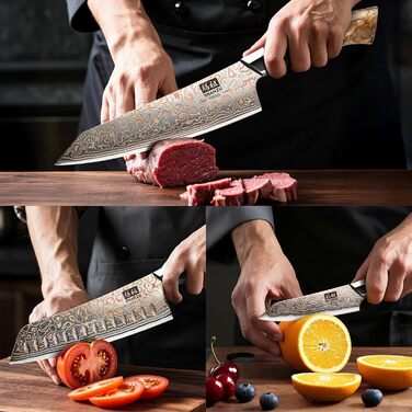 Набір кухонних ножів SHAN ZU Venus: 3 шт., 20 см, дамаск, ручка з міді, сталь 33 шари, ручна робота, японський кухонний ніж для професіоналів