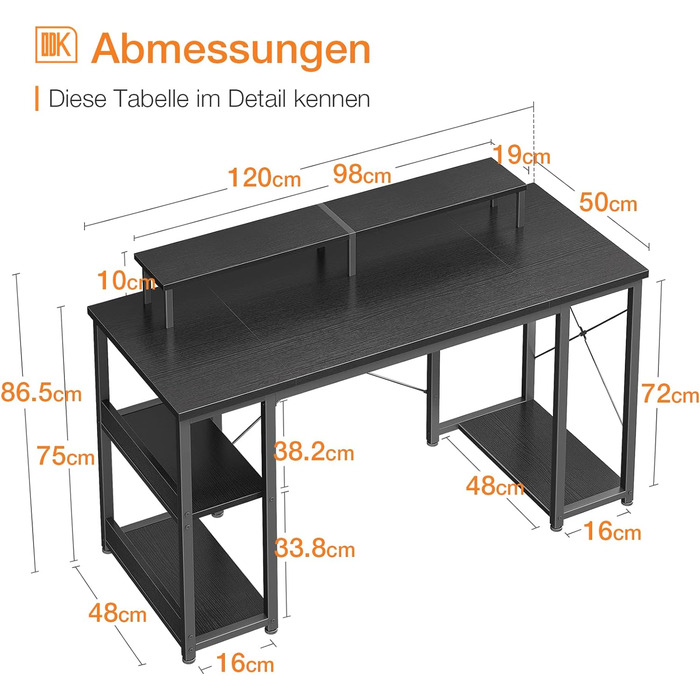 Двосторонній стіл з полицею ODK, підставка для монітора, 120x50x86.5 см, чорний, для домашнього офісу