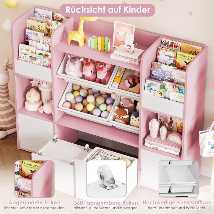 FOREHILL Дитяча полиця для іграшок та книг, стелаж для дитячої кімнати з 4 ящиками, рожевий (126x30x104 см)