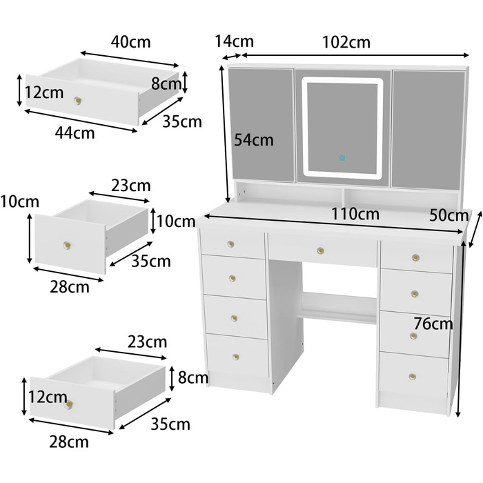 Туалетний столик зі світлодіодом, 3 дзеркала, 9 ящиків, 5 полиць, МДФ, 50x110x137 см, білий