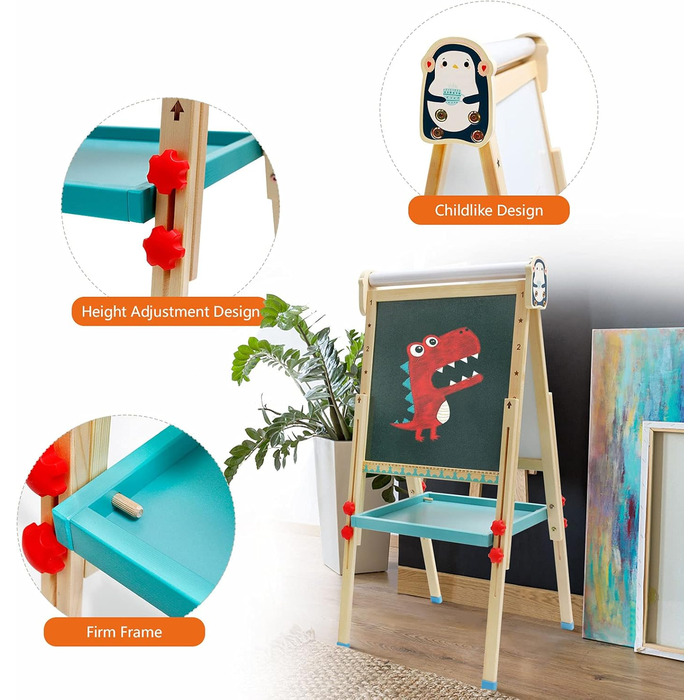 Дерев'яна іграшко-дошка Kinder Pinguin з рулоном паперу, двостороннє Whiteboard та дошка, стійка з аксесуарами для дітей та малюків