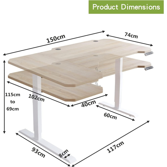 Електричний стіл Radlove з регулюванням висоти, стоячий стіл у формі L 150 см, стоячий стіл із 4 елементами керування пам'яттю зі стільницею 2-складний телескопічний стоячий стіл, з'єднувальна дошка 78 x 150 см Дуб