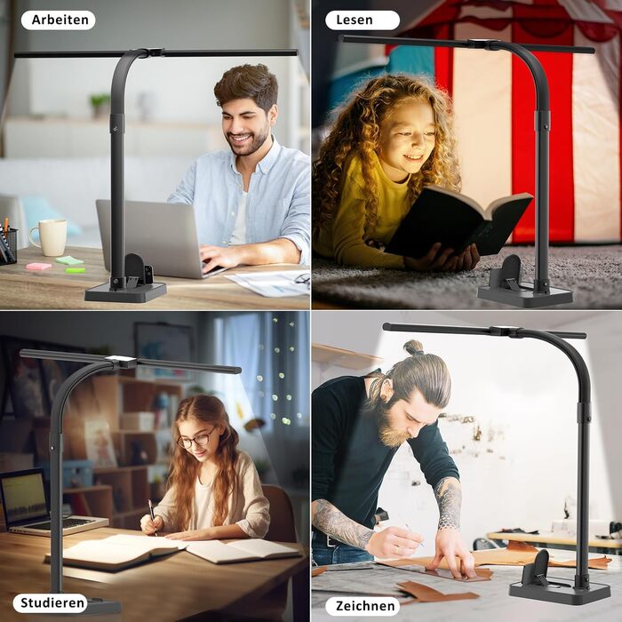 LED настільна лампа LOTTBUTY з гнушим шийкою, 24W, 80см, для офісу та дому, з підставкою для телефону (чорний)