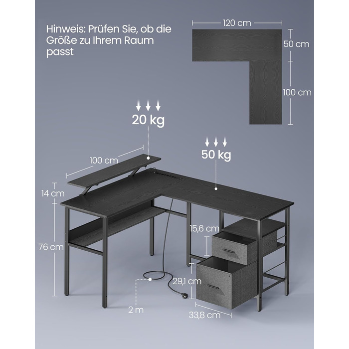 Письмовий стіл VASAGLE L-подібний з розетками, LED, USB, 150x120x76 см, домашній офіс, LWD095K01 (чорне дерево)