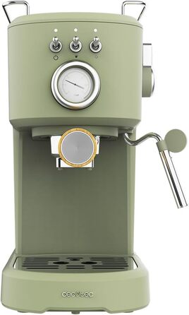 Еспресо-машина Cecotec Compact Power Espresso 20 Retro Green: 1100 Вт, 20 бар, термоблок, капучинатор, манометр