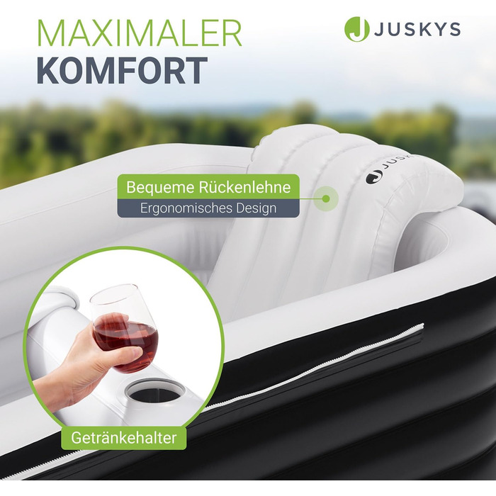 Надувна ванна Juskys M - для відпочинку на відкритому повітрі, складана, мобільна, з підголівником, для балкона, чорна, з кришкою та насосом