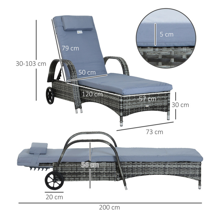 Outsunny Garden Furniture Садовий шезлонг Шезлонг мобільний з подушками, поліротанг і метал, сірий, регульований 200x73x30-103см для саду та тераси