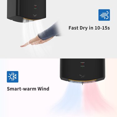 Електричний сушар для рук AIKE AK2630S: швидке сушіння (10 сек), енергозбереження, автоматичний, для кухні, ванної, туалету, 220V, 1400W, чорний