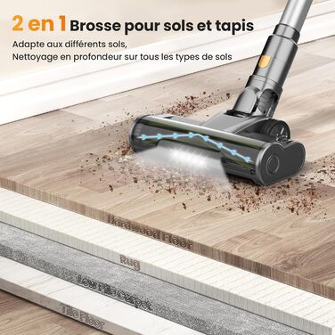 Акумуляторний пилосос Dzaki 45KPa бездротовий без мішка з дисплеєм, антинамотувальна щітка, 55 хв роботи, знімна батарея, для твердих поверхонь, шерсті тварин, килимів, авто (Золотистий сірий)