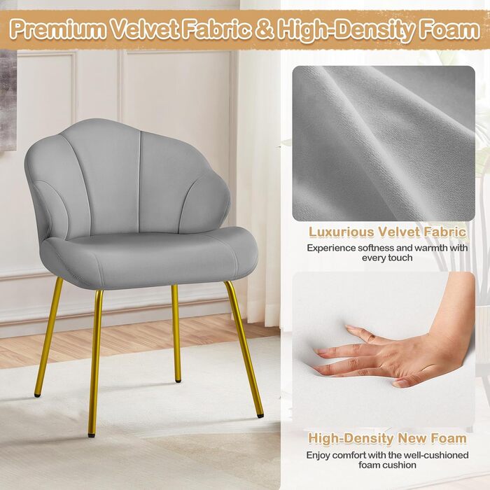 Крісло Yaheetech у формі мушлі, сучасне крісло-вушко, м'яке крісло з металевими ніжками, поліестер, для вітальні/туалетного столика/спальні, комплект, білий/світло-сірий