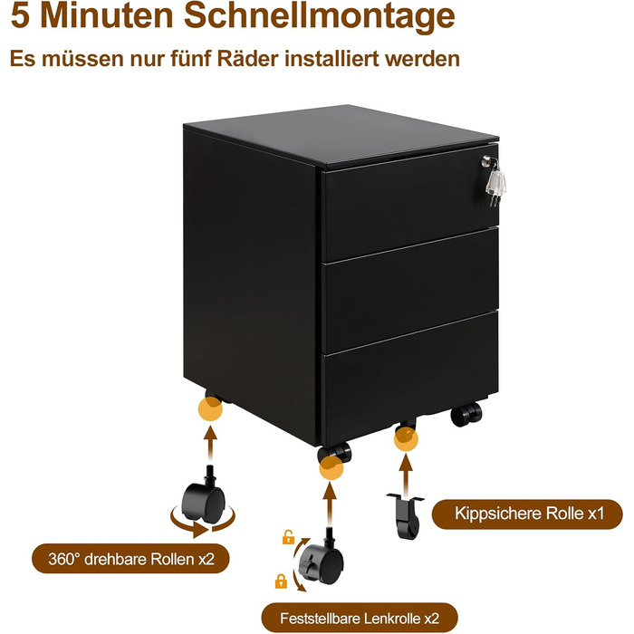 Роликовий контейнер HOMSTEEL з замком, 4 шухляди, металевий шафа, готовий до використання, для офісу та дому, білий (3 шухляди (44T x 37B x 60H cm), чорний)