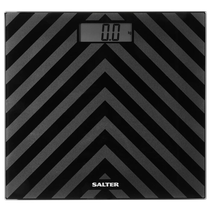Цифрові ваги для ванної кімнати Salter SA00287 BAFEU16 - скляні ваги для ванної кімнати, 180 кг, РК-дисплей, що легко читається, чорний шевронний дизайн, батареї в комплекті, миттєве вимірювання ваги