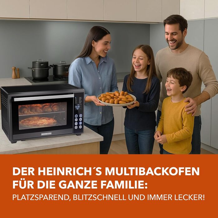 Багатофункціональна міні-піч Heinrich's з об'ємом 48л, конвекція, таймер 8год, підсвітка, 100-230°C, сенсорне керування, з аксесуарами, чорна, 2000W