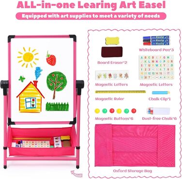 Дитяча мольберт Kinderstaffelei з двома боками, складний, регульована висота 74,9-111,8 см, з місцем для зберігання, поворотний на 360°, мольберт для малювання та дошка з набором літер та цифр, рожевий для хлопчиків та дівчаток