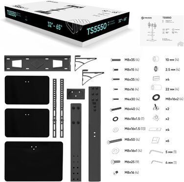 Підлогова тумба під телевізор ONKRON 32-65 дюймів, 40 кг, скло, поворотна, VESA 600x400, регульована по висоті, чорний TS5550-B