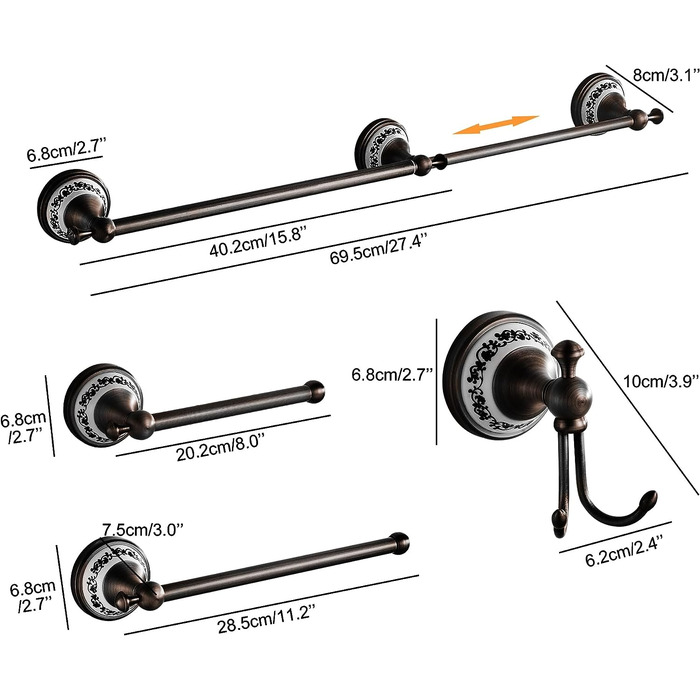 Антикварний набір фурнітури для ванної кімнати,Регульована полотенцесушитель, Тримач туалетного паперу, Рушникосушка, Гачок,Набір аксесуарів для ванної кімнати Настінна (різьблений візерунок (натерта маслом бронза, бронза)