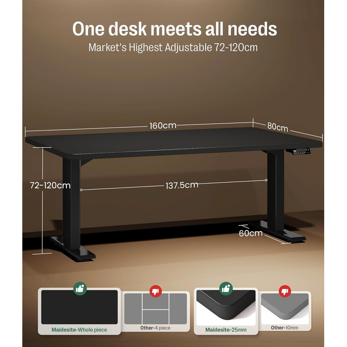Регульований стіл MAIDeSITe S2 Pro 160x80 см: електричний, з захистом від зіткнень, чорний