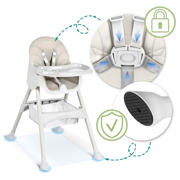 Дитячий стільчик для годування Ricokids 3в1 Beige - регульована висота, з підносом, корзина, для дітей від 6 місяців