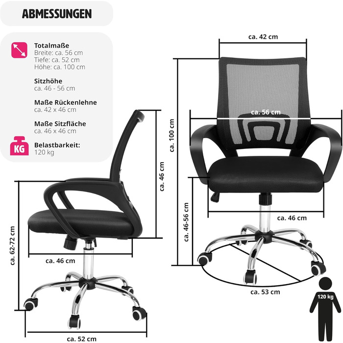 Офісне крісло tectake, ергономічне, регульоване по висоті, чорне (50 символів)
