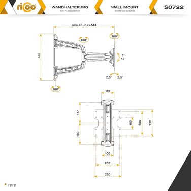 Кріплення для монітора на стіну RICOO S3111 - регульований, поворотний, для моніторів 13-34 дюймів, VESA 75x75/100x100 мм