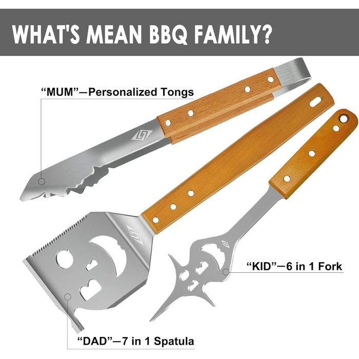 Набір гриль-посуду Steven-BULL 3 шт. з нержавіючої сталі з дерев'яними ручками, гриль-аксесуари: щипці, лопатка, виделка.