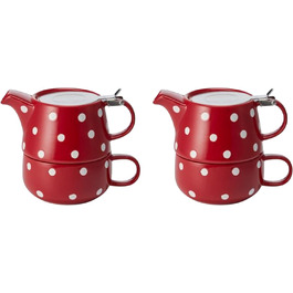 Чай для одного Lou, червона кераміка, 4 предмети з ситом і кришкою з нержавіючої сталі Глечик 0,45 л / Чашка 0,25 л червоний/білий, 2 шт.