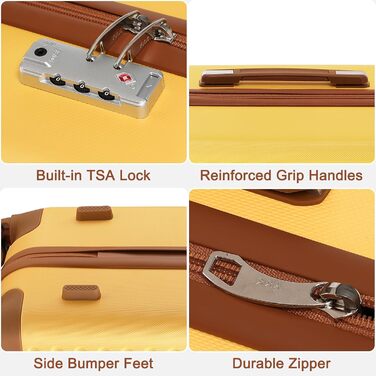 Набір валіз KONO: 4 валізи з ABS пластику, коліщата Spinner, TSA-замок, жовтий колір