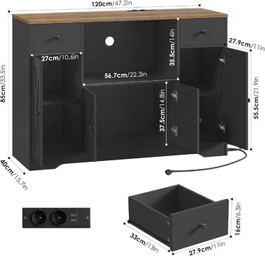 HOCSOK Комод-буфет 120 см для кухні, вітальні, їдальні. Шафа з розеткою, полицями та місцем для мікрохвильовки. 120×85×40 см, білий (чорний)