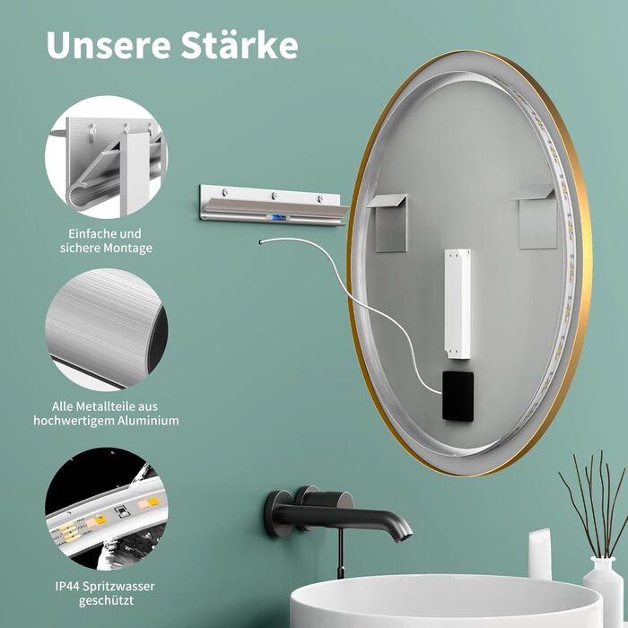 Дзеркало для ванної кімнати HOKO Design Riga, кругле, 60 см, з металевим каркасом Gold. LED-підсвічування, сенсорне керування, зміна кольору світла (тепле, холодне, нейтральне). 60 x 60 см