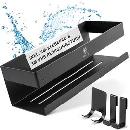 Поличка для душу Bad Duschablage без свердління - тримач для шампуню з нержавіючої сталі з оригінальними клейкими панелями 3M, 2 рухомі гачки, додатковий тримач для бритви (Чорний нержавіюча сталь)