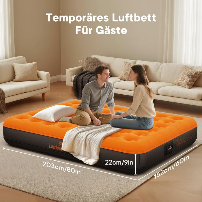 Надувна матрац Luxchoice з самонадувною системою та портативним насосом. Двоспальне ліжко для кемпінгу, подорожей та дому. Розмір 203x152x22 см, вантажопідйомність 250 кг