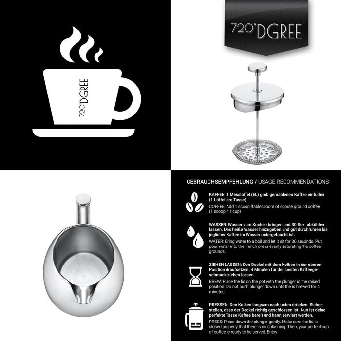 Френч-прес 720°DGREE 'Sunrise' з нержавіючої сталі, 1 літр, без BPA - для приготування кави, прес-фільтр, кавоварка, 4-8 чашок