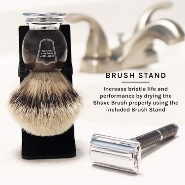 Безпечна бритва Parker 100 Silvertip Badger Bristle Щітка для гоління зі штучною ручкою рогу - Щітки в комплекті Підставка