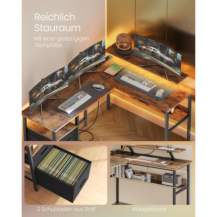 Комп'ютерний стіл VASAGLE L-подібний з розетками, LED-підсвічуванням та USB-портами, 150 x 120 x 76 см, для дому та офісу, вінтажний колір