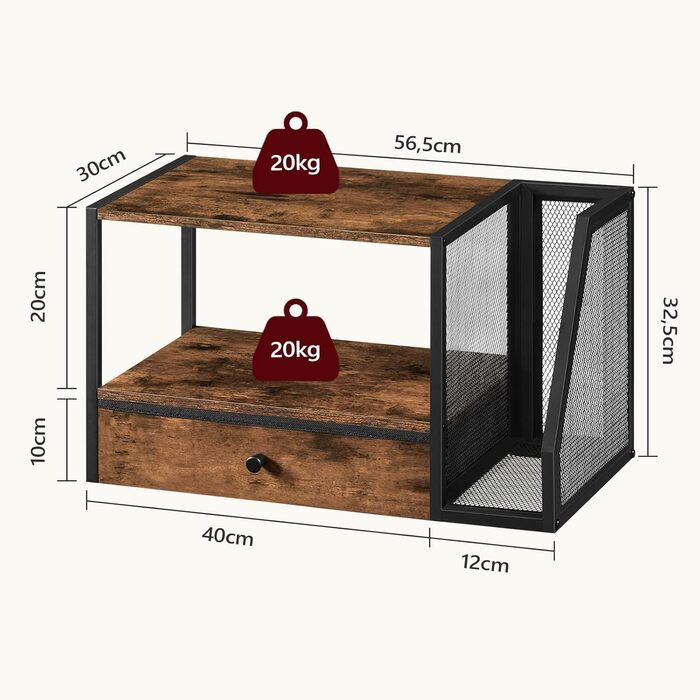 Стіл для принтера, 2-рівневий, з ящиком для зберігання, стелаж для принтера, для дому, офісу, кухні, вітальні, рустикальний коричневий APTHR3001