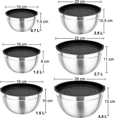 Набір мисок для змішування Joyfair з 6 шт. , набір салатниць з нержавіючої сталі з герметичною кришкою, ідеально підходить для змішування і сервірування, можна штабелювати і мити в посудомийній машині, 4,5 л/2,7 л/2,5 л/1,5 л/1,2 л/0,7 л - (Чорний)