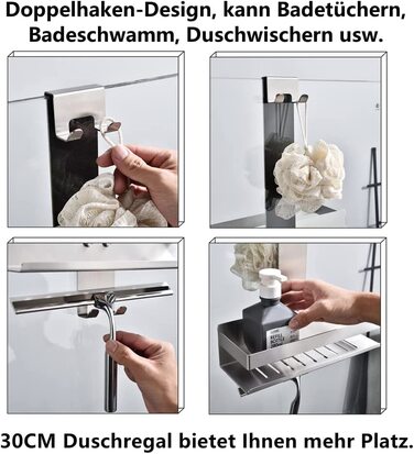 Настінна поличка для душу з 2 ярусами, нержавіюча сталь SUS304, з гачками, для скляних душових кабін, H30BN-2DH, 2 відділення, матове нікель