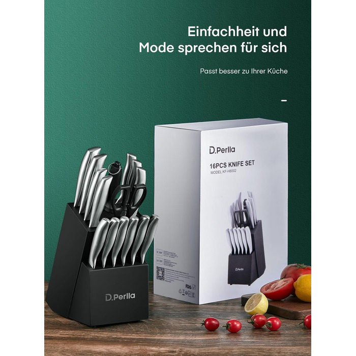 Набір кухонних ножів D.Perlla 16 предметів з бруском, професійний, нержавіюча сталь, чорний