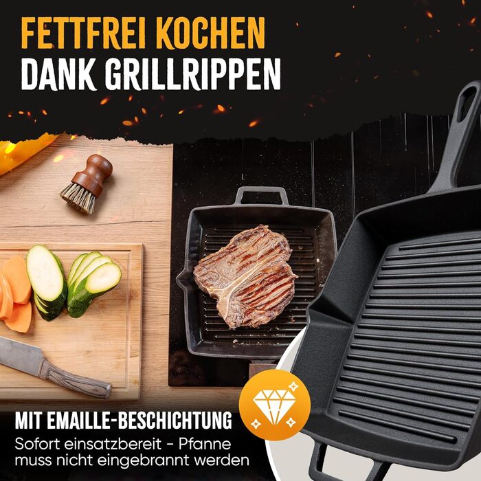 Сковорода-гриль з чавуну, 26 см, емальована, для приготування стейків, сумісна з усіма типами плит