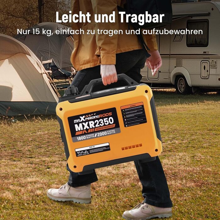 Інверторний генератор maXpeedingrods 2000W, бензиновий, 4-тактний з USB та 230V, цифровий дисплей, компактний, для кемпінгу та подорожей