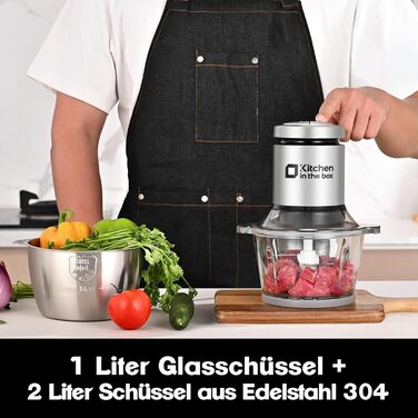 Електричний подрібнювач для кухні Kitchen in the Box 400W з 2 чашами (2L+2L) та двосторонніми лезами з нержавіючої сталі. Подрібнювач для м'яса, овочів, цибулі, фруктів срібного кольору.