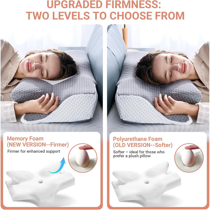 Ортопедична подушка для шиї Elviros з піни Memory Foam, ергономічна, для сну на спині, боці та животі, знімний охолоджуючий чохол, 64×(11,5/13)×40 см, сірий