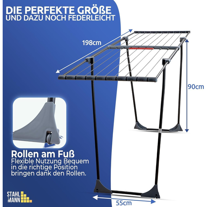 Розсувна сушарка для білизни STAHLMANN XXL чорна, 20м площі сушіння, з затискачами для дрібних речей, виробництво ЄС