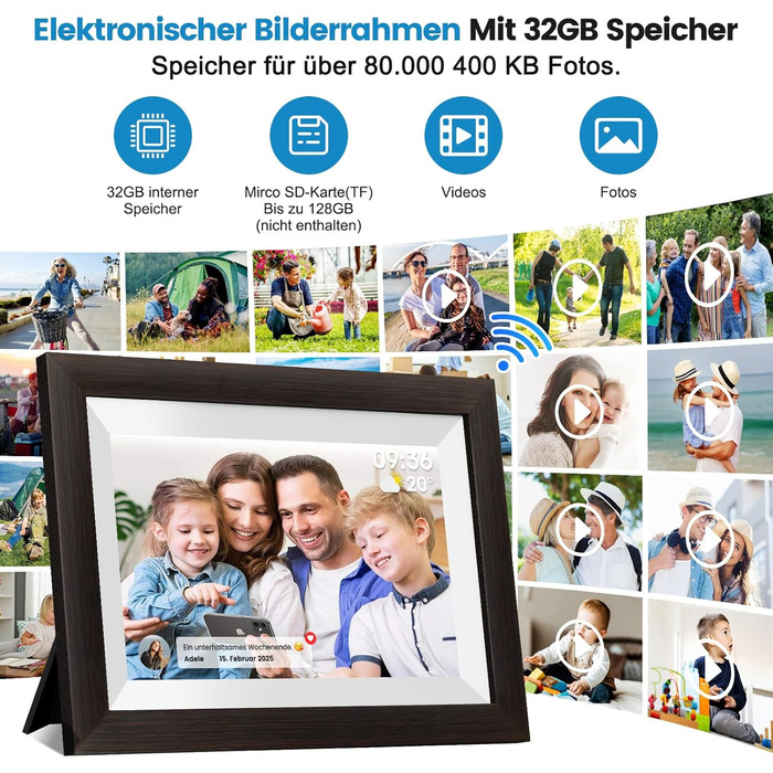 Цифровий фоторамка Mejasg 10.1 дюйма з Wi-Fi, 32GB, IPS сенсорний екран, автоповорот, для фото та відео, з дерева