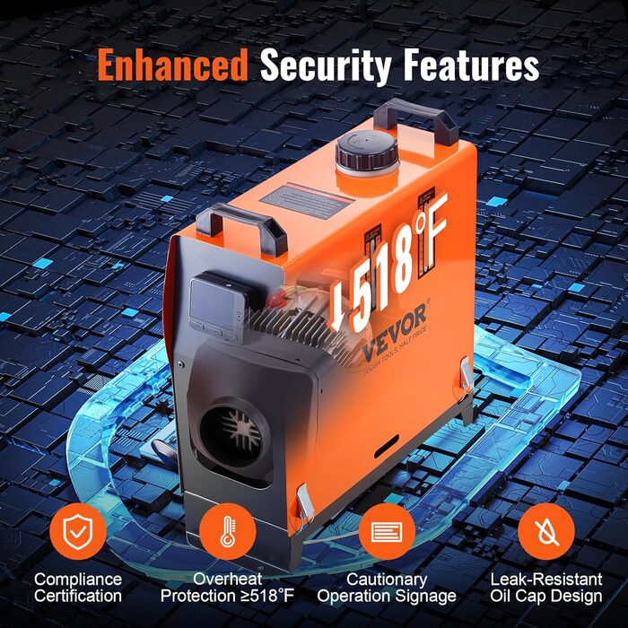 Автономний дизельний опалювач VEVOR 12V 5kW з LCD-дисплеєм та пультом дистанційного керування - дизельний опалювач повітряного типу