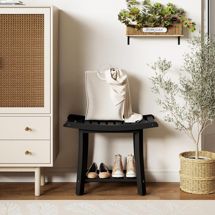 Двомісний стілець для душу Costway з полицею, 170 кг, 60,5 x 34 x 48 см (Чорний)