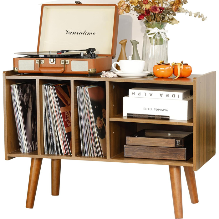 Підставка для програвача з місцем для зберігання вінілових платівок, до 136 кг, велика тумба з полицями для альбомів, дерев'яна підставка для програвача (колір горіх)