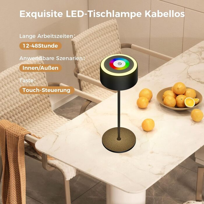 Бездротова LED-лампа TYEE з регулюванням яскравості, акумуляторна, 3000-6000K+RGB, USB-C, водонепроникна IP54, для дому та вулиці, алюміній, чорна