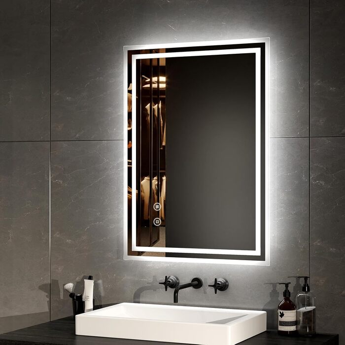 Дзеркало для ванної кімнати EMKE з підсвічуванням 50x60 см, з антизапарюванням, 2 кольори світла (тепле/холодне), LED, сенсорне управління